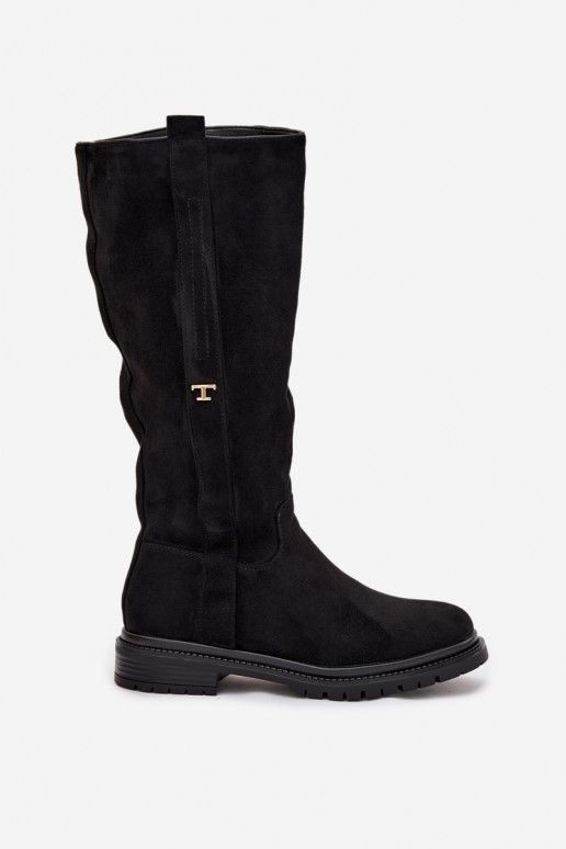 Šilti ilgaauliai batai Įjungta płaskim Obcasie iš eko zomšosoĮe juodos spalvos Delyssa