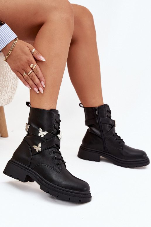 pašiltinti Darbiniai kulkšnies batai su dirželiais I sidabro spalvosmi Przypinkami juodos spalvos Kaelina pašiltinti Darbiniai kulkšnies batai su dirželiais I sidabro spalvosmi Przypinkami juodos spalvos Kaelina