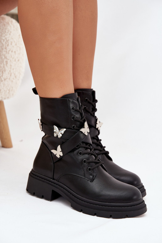 pašiltinti Darbiniai kulkšnies batai su dirželiais I sidabro spalvosmi Przypinkami juodos spalvos Kaelina pašiltinti Darbiniai kulkšnies batai su dirželiais I sidabro spalvosmi Przypinkami juodos spalvos Kaelina