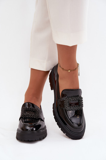 su lako efektu batai moteriški mokasinai dekoruoti su sagtimis juodos spalvos Luvianne