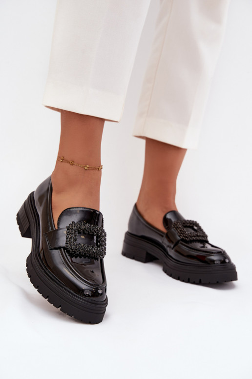 su lako efektu batai moteriški mokasinai dekoruoti su sagtimis juodos spalvos Luvianne