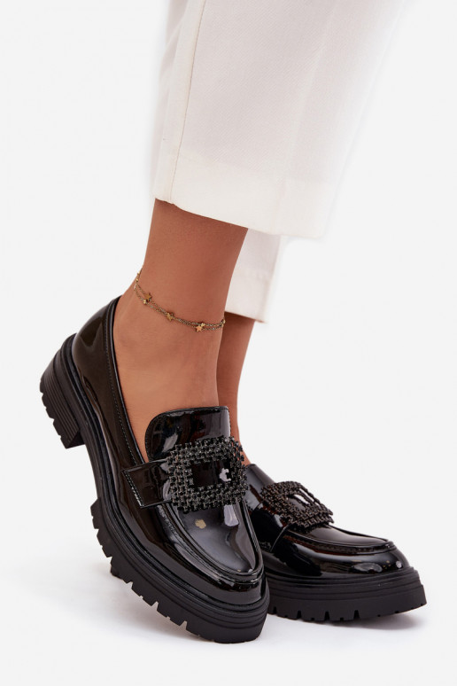 su lako efektu batai moteriški mokasinai dekoruoti su sagtimis juodos spalvos Luvianne