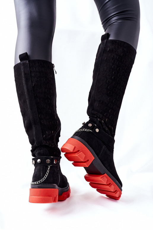 Moteriškas Oda ilgaauliai batai LeĮskis juodos spalvos iš zomšos 2866