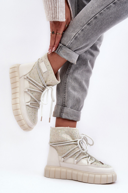 pašiltinti sniego batai Dekoruotos Su kalnų krištolais GOE MM2N4081 smėlio spalvos