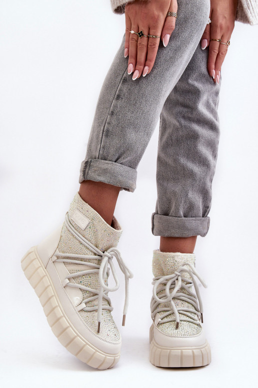 pašiltinti sniego batai Dekoruotos Su kalnų krištolais GOE MM2N4081 smėlio spalvos