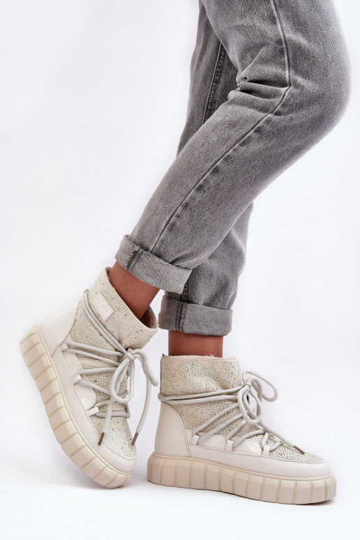 pašiltinti sniego batai Dekoruotos Su kalnų krištolais GOE MM2N4081 smėlio spalvos