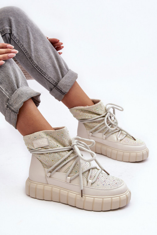 pašiltinti sniego batai Dekoruotos Su kalnų krištolais GOE MM2N4081 smėlio spalvos