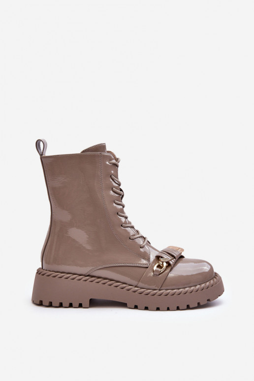 Moteriškas su lako efektu Darbiniai kulkšnies batai su ornamentais smėlio spalvos S.Barski MR870-67 Moteriškas su lako efektu Darbiniai kulkšnies batai su ornamentais smėlio spalvos S.Barski MR870-67