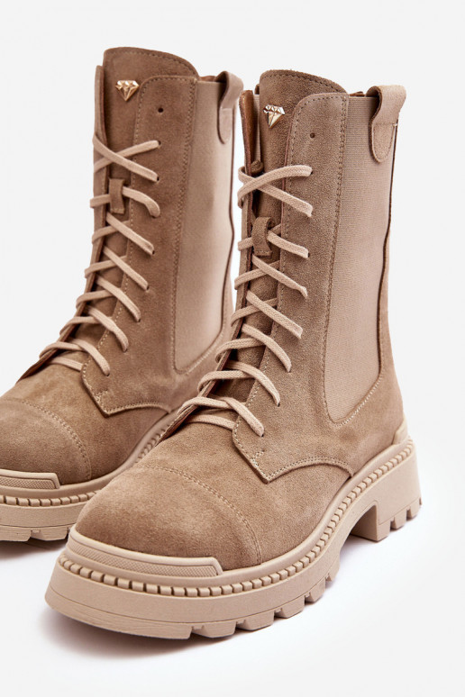 iš zomšos Moteriškas Darbiniai kulkšnies batai su raišteliais smėlio spalvos Nicole 2836