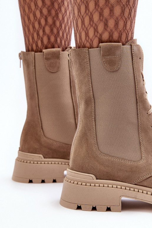 iš zomšos Moteriškas Darbiniai kulkšnies batai su raišteliais smėlio spalvos Nicole 2836