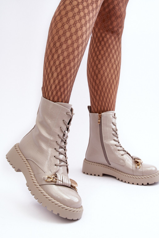 Moteriškas su lako efektu Darbiniai kulkšnies batai su ornamentais D&A MR870-67 pilkos spalvos Moteriškas su lako efektu Darbiniai kulkšnies batai su ornamentais D&A MR870-67 pilkos spalvos