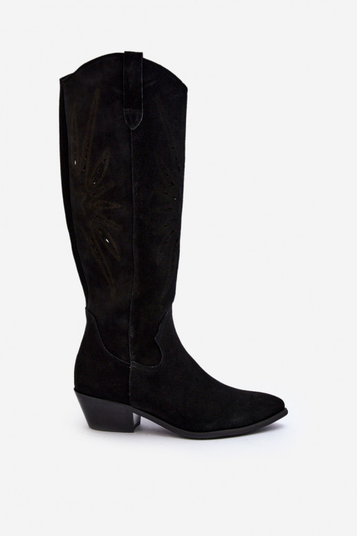 Zazoo 2909 iš zomšos ilgaauliai batai su aužūro elementais Ant žemo kulno juodos spalvos