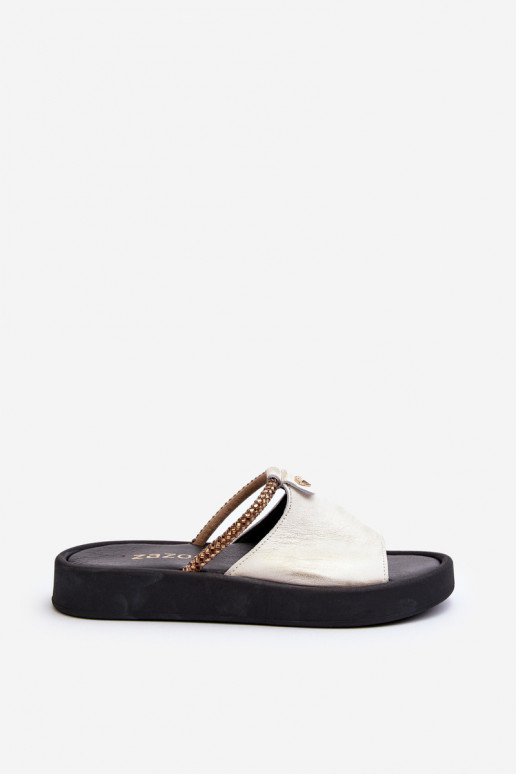 Zazoo 2896 Moteriškos šlepetės Oda Baltos-aukso spalvos Zazoo 2896 Moteriškos šlepetės Oda Baltos-aukso spalvos