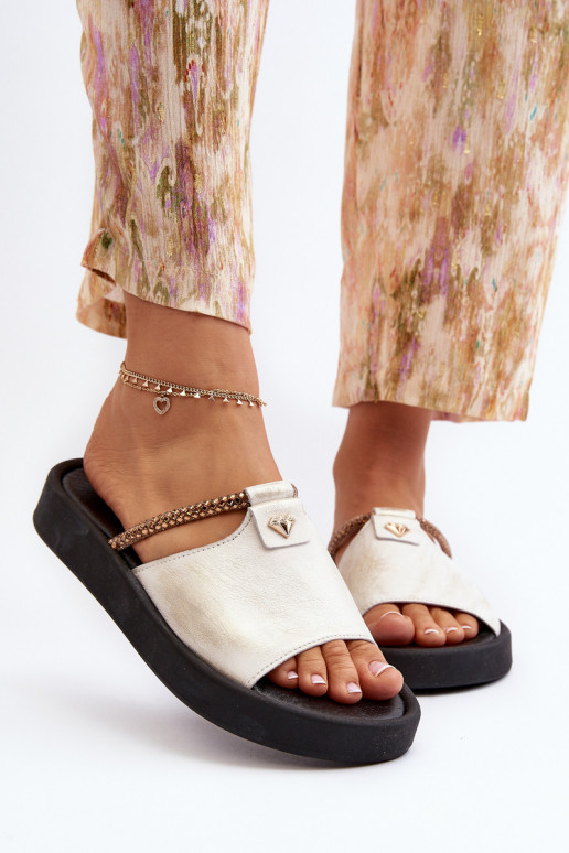 Zazoo 2896 Moteriškos šlepetės Oda Baltos-aukso spalvos Zazoo 2896 Moteriškos šlepetės Oda Baltos-aukso spalvos