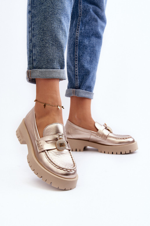 Oda batai Mokasinai su ornamentais CheBello 4291 aukso spalvos Oda batai Mokasinai su ornamentais CheBello 4291 aukso spalvos
