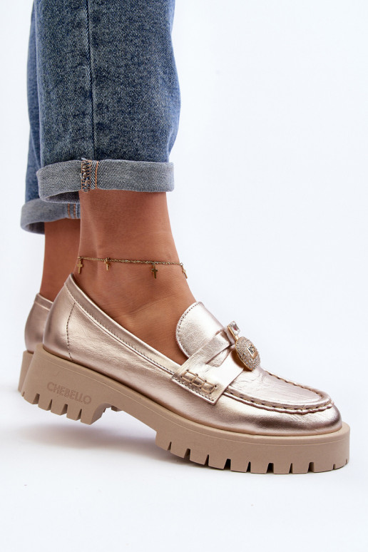 Oda batai Mokasinai su ornamentais CheBello 4291 aukso spalvos Oda batai Mokasinai su ornamentais CheBello 4291 aukso spalvos