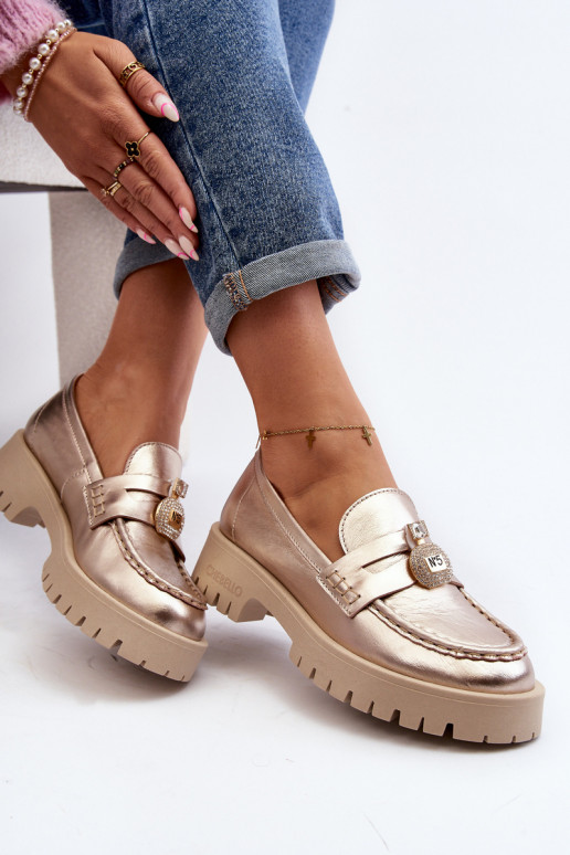 Oda batai Mokasinai su ornamentais CheBello 4291 aukso spalvos Oda batai Mokasinai su ornamentais CheBello 4291 aukso spalvos
