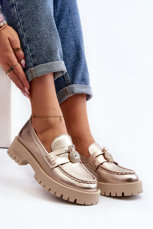 Oda batai Mokasinai su ornamentais CheBello 4291 aukso spalvos Oda batai Mokasinai su ornamentais CheBello 4291 aukso spalvos