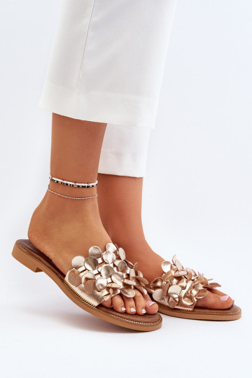 Zazoo 40381 Moteriškas Odinės šlepetės su plačiais kulniukais aukso spalvos 2