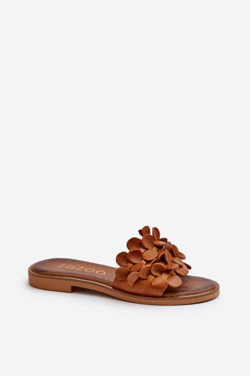 Zazoo 40381 Moteriškas Odinės šlepetės su plačiais kulniukais rudos spalvos Zazoo 40381 Moteriškas Odinės šlepetės su plačiais kulniukais rudos spalvos