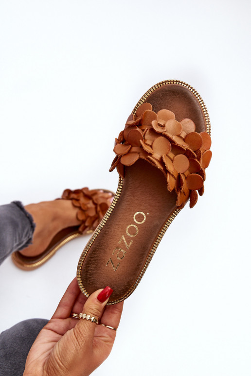 Zazoo 40381 Moteriškas Odinės šlepetės su plačiais kulniukais rudos spalvos Zazoo 40381 Moteriškas Odinės šlepetės su plačiais kulniukais rudos spalvos