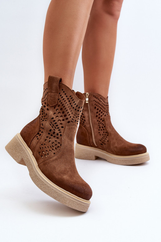 Zazoo 3470 Zomšiniai batai Moteriškas su plačiais kulniukais su aužūro elementais rudos spalvos