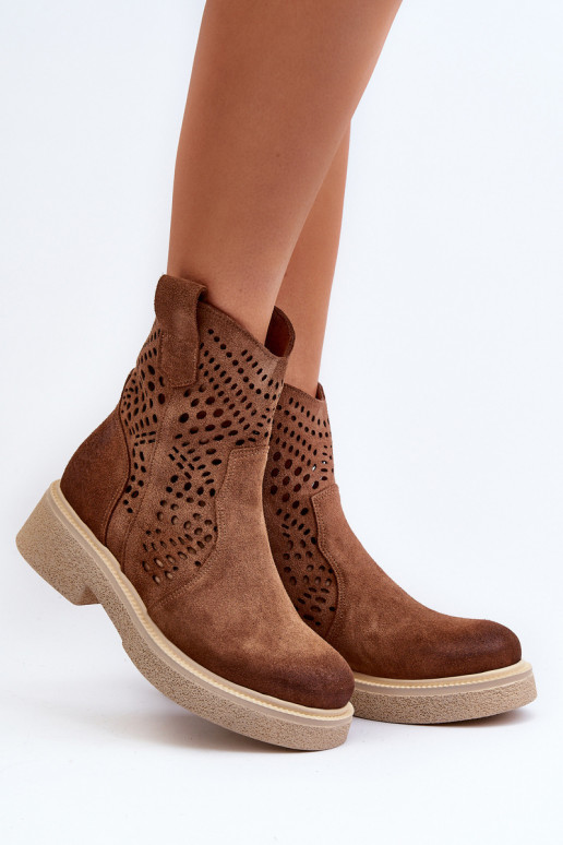 Zazoo 3470 Zomšiniai batai Moteriškas su plačiais kulniukais su aužūro elementais rudos spalvos