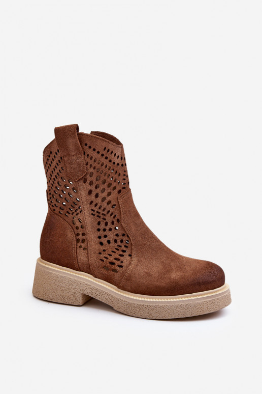 Zazoo 3470 Zomšiniai batai Moteriškas su plačiais kulniukais su aužūro elementais rudos spalvos