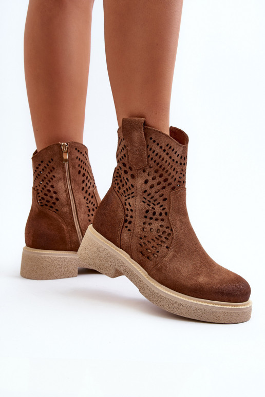 Zazoo 3470 Zomšiniai batai Moteriškas su plačiais kulniukais su aužūro elementais rudos spalvos