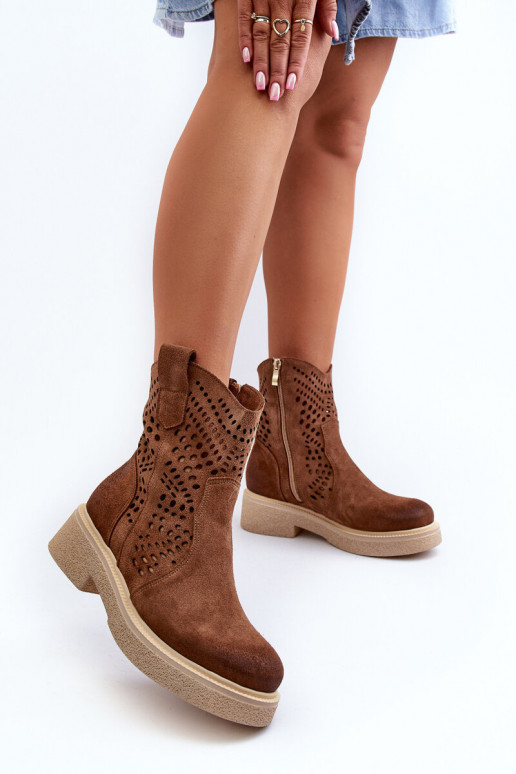 Zazoo 3470 Zomšiniai batai Moteriškas su plačiais kulniukais su aužūro elementais rudos spalvos