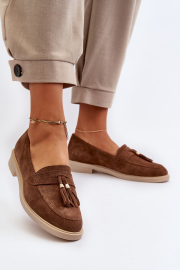 Zazoo 3420 Zomšiniai mokasinai Moteriškas su plačiais kulniukais rudos spalvos