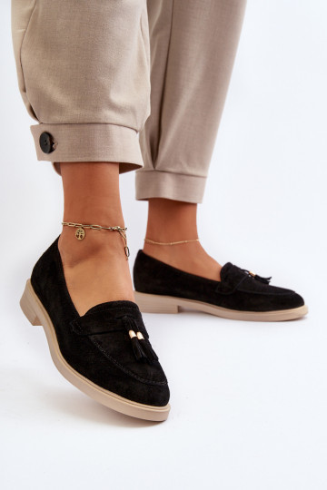 Zazoo 3420 Zomšiniai mokasinai Moteriškas su plačiais kulniukais juodos spalvos