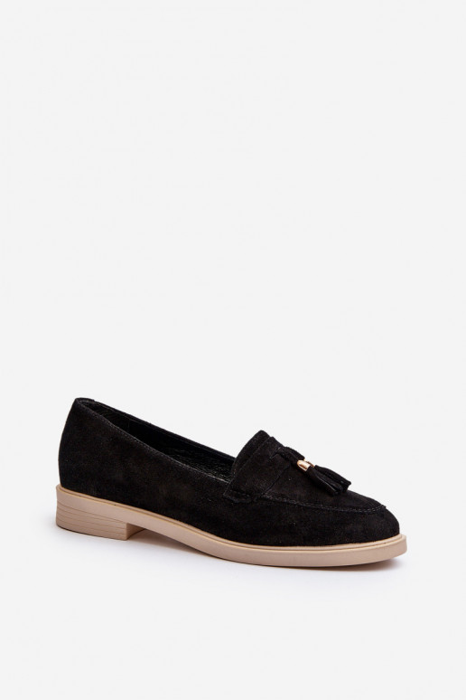 Zazoo 3420 Zomšiniai mokasinai Moteriškas su plačiais kulniukais juodos spalvos