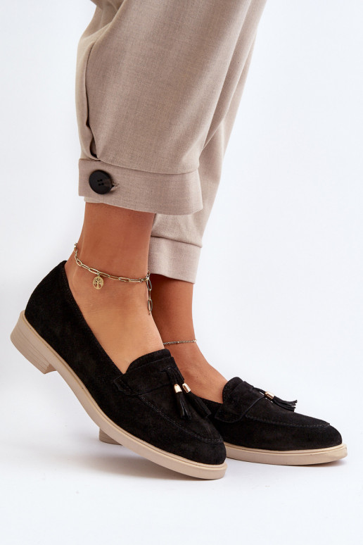 Zazoo 3420 Zomšiniai mokasinai Moteriškas su plačiais kulniukais juodos spalvos