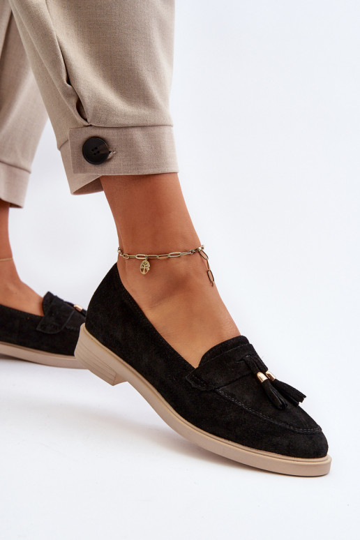 Zazoo 3420 Zomšiniai mokasinai Moteriškas su plačiais kulniukais juodos spalvos