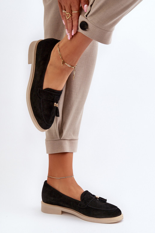 Zazoo 3420 Zomšiniai mokasinai Moteriškas su plačiais kulniukais juodos spalvos