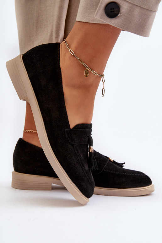 Zazoo 3420 Zomšiniai mokasinai Moteriškas su plačiais kulniukais juodos spalvos