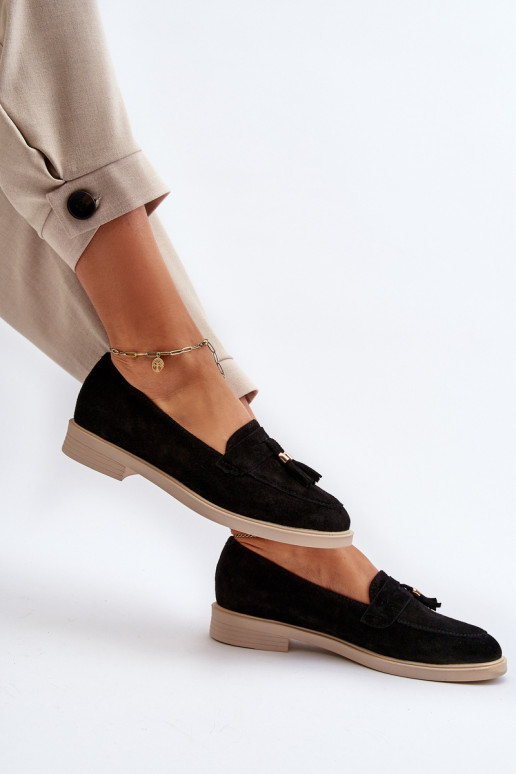 Zazoo 3420 Zomšiniai mokasinai Moteriškas su plačiais kulniukais juodos spalvos