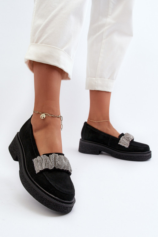 Zazoo 3419 moteriški mokasinai iš zomšos Su dekoratyvine juostele juodos spalvos Zazoo 3419 moteriški mokasinai iš zomšos Su dekoratyvine juostele juodos spalvos