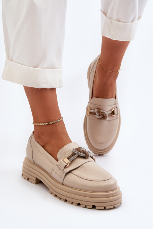 Oda moteriški mokasinai su ornamentais Laura Messi 2780 smėlio spalvos Oda moteriški mokasinai su ornamentais Laura Messi 2780 smėlio spalvos