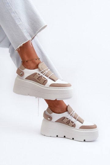 Zazoo 1833 Sneakers modelio batai Moteriškas Oda su madingais masyviais padais smėlio spalvos-baltos spalvos 2