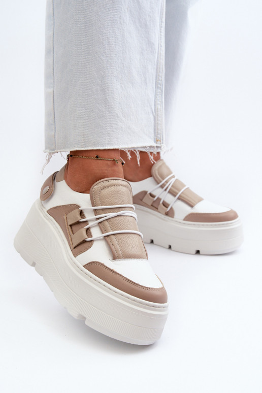 Zazoo 1833 Sneakers modelio batai Moteriškas Oda su madingais masyviais padais smėlio spalvos-baltos spalvos Zazoo 1833 Sneakers modelio batai Moteriškas Oda su madingais masyviais padais smėlio spalvos-baltos spalvos