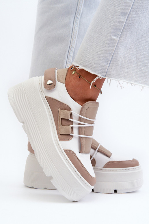 Zazoo 1833 Sneakers modelio batai Moteriškas Oda su madingais masyviais padais smėlio spalvos-baltos spalvos Zazoo 1833 Sneakers modelio batai Moteriškas Oda su madingais masyviais padais smėlio spalvos-baltos spalvos