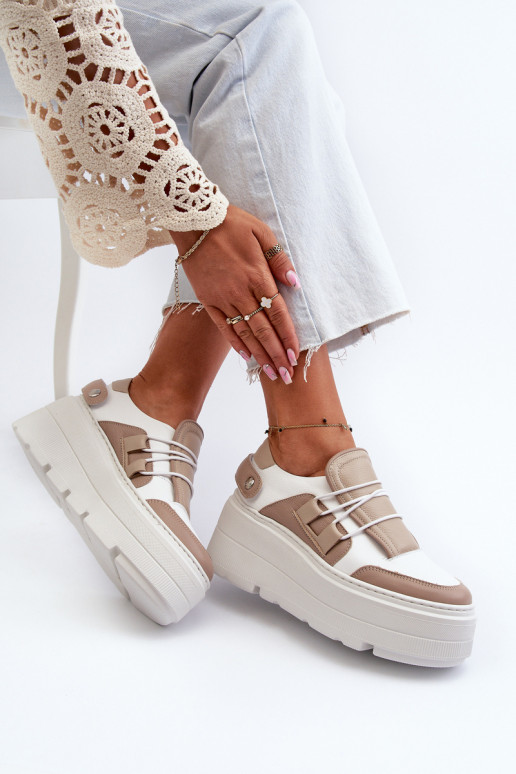 Zazoo 1833 Sneakers modelio batai Moteriškas Oda su madingais masyviais padais smėlio spalvos-baltos spalvos Zazoo 1833 Sneakers modelio batai Moteriškas Oda su madingais masyviais padais smėlio spalvos-baltos spalvos