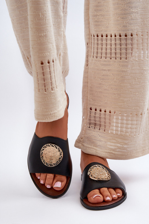 Zazoo 2938 Odinės šlepetės su plačiais kulniukais su ornamentais juodos spalvos