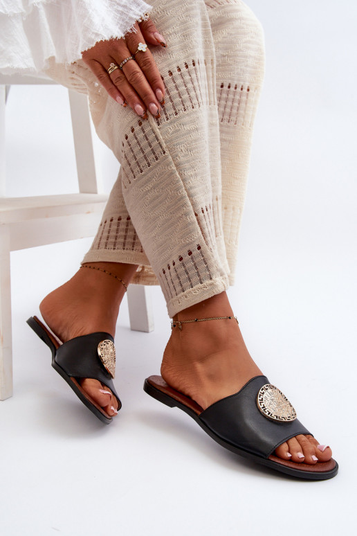 Zazoo 2938 Odinės šlepetės su plačiais kulniukais su ornamentais juodos spalvos