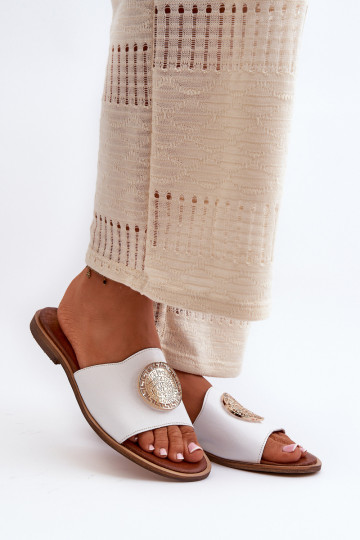 Zazoo 2938 Odinės šlepetės su plačiais kulniukais su ornamentais baltos spalvos 2