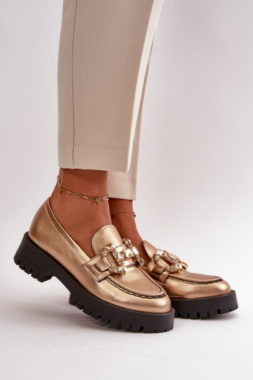 Moteriškas Oda Mokasinai su ornamentais CheBello 4369 aukso spalvos 2