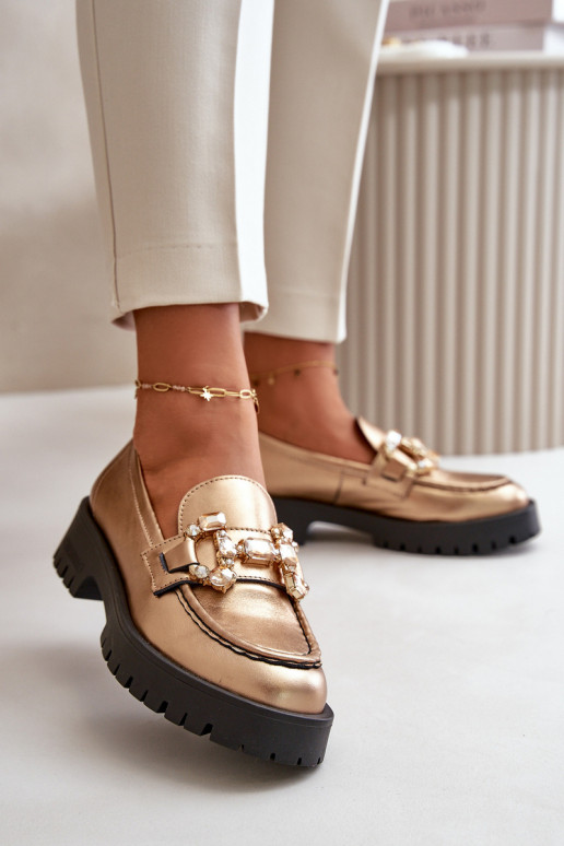 Moteriškas Oda Mokasinai su ornamentais CheBello 4369 aukso spalvos