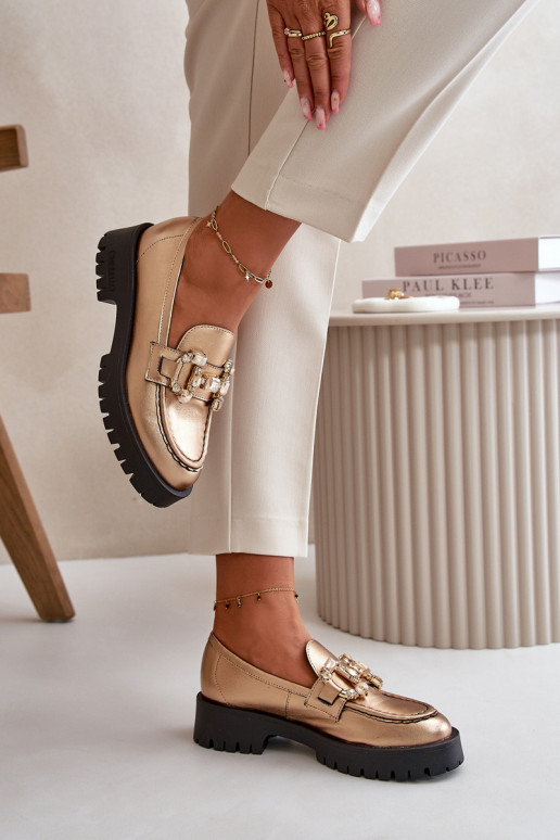 Moteriškas Oda Mokasinai su ornamentais CheBello 4369 aukso spalvos